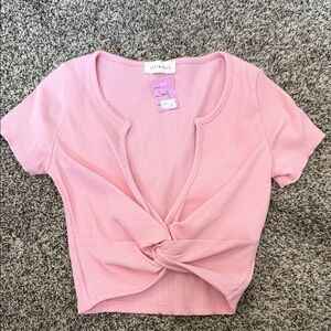 Attirance Pink Stretch Drop Cleavage Front Knot Crop Juniors Small